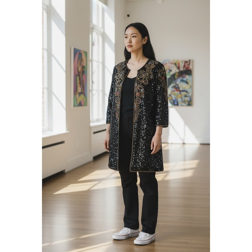 Marie Elyse silk Duster Jacket Womens L Black Sequin Embroidered Open vintage